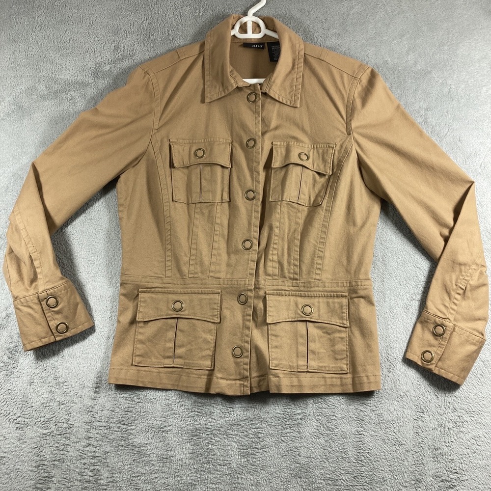 ana Jacket Women Medium Brown Snap Front Pockets Cotton Spandex Coat